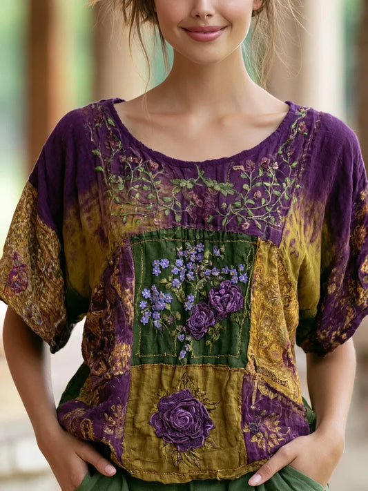 Women's Vintage Rose And Forget-me-not Floral Pattern Casual Cotton Linen Crew Neck T-shirt