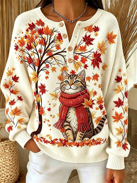 Women's Casual Print Button-Up Collar Knit Top