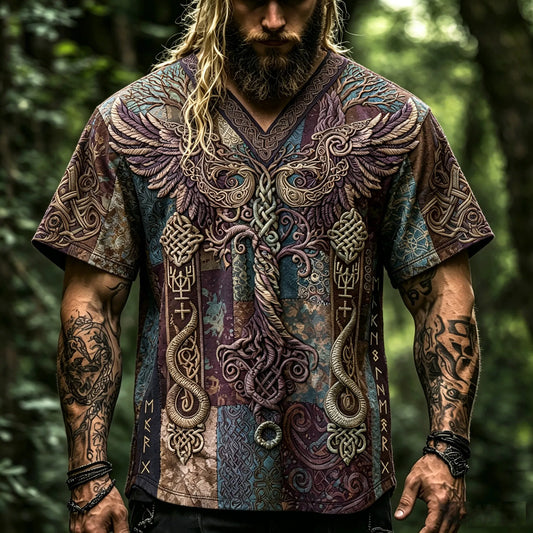 Men's Viking Yggdrasil Tree Of Life 3d Embroidery V Neck T Shirt, Norse Celtic Dragon Eagle Knot Print Vintage Patchwork Short Sleeve Tee