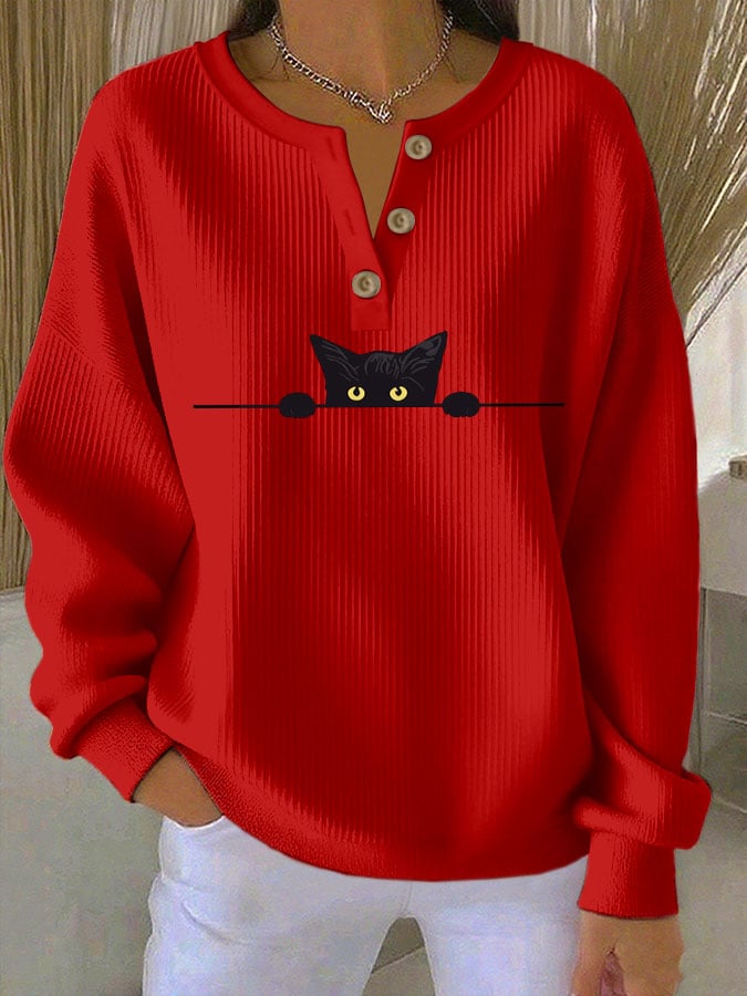 Women's Cat Print Knitted Crew Neck Long Sleeve Top