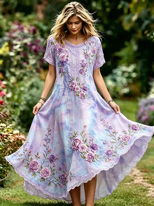 Women's Vintage Floral Pattern Linen Blend Casual Maxi Dress