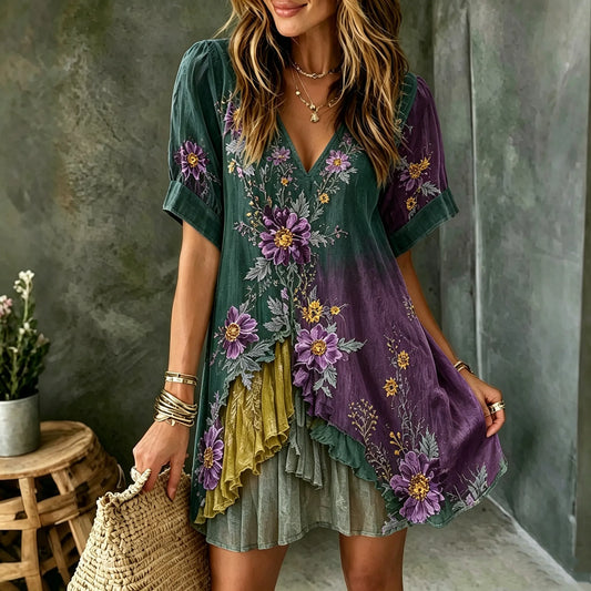 Women's Retro Purple Rose Patchwork Embroidery Pattern Casual V-neck Dress