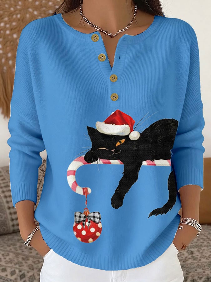 Women's Christmas Cute Cat Print Knit Button Top