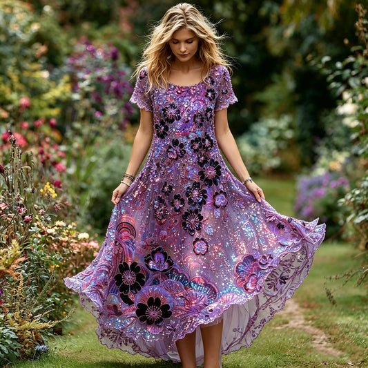 Women's Vintage Bohemian Floral Sequin Embroidered Print Dress