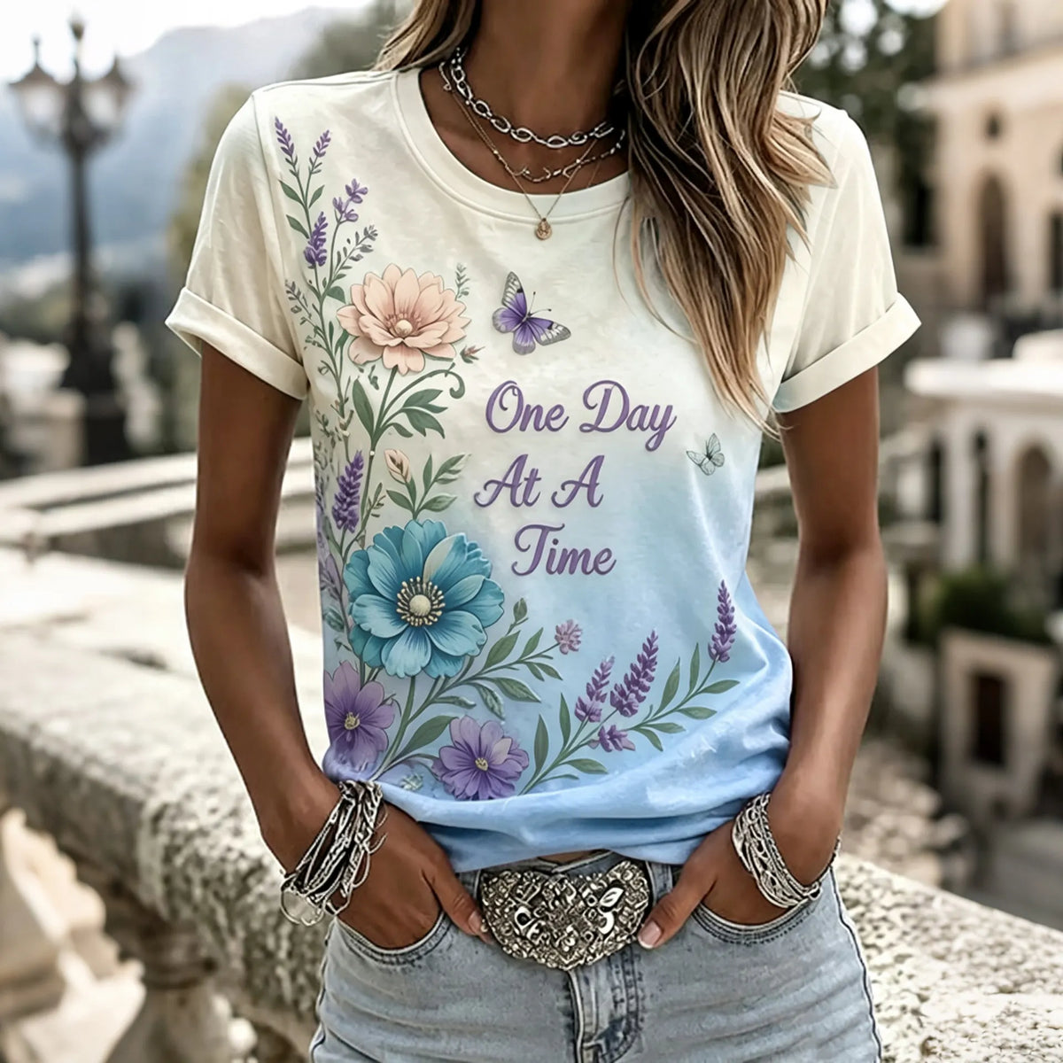 Women's Purple Floral Hummingbird Print Alzheimer's Disease Awareness Casual   T-shirt