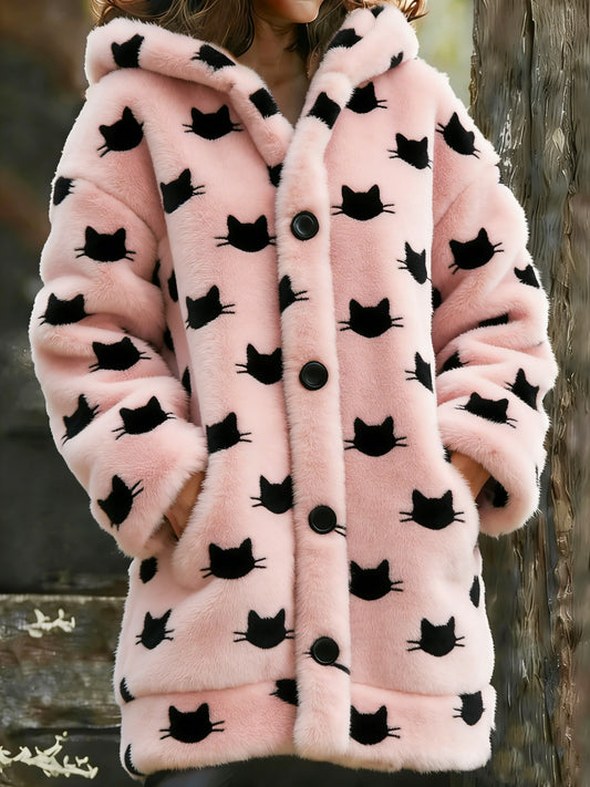 Women's Animal Cat Print Flannel Warm Jacket