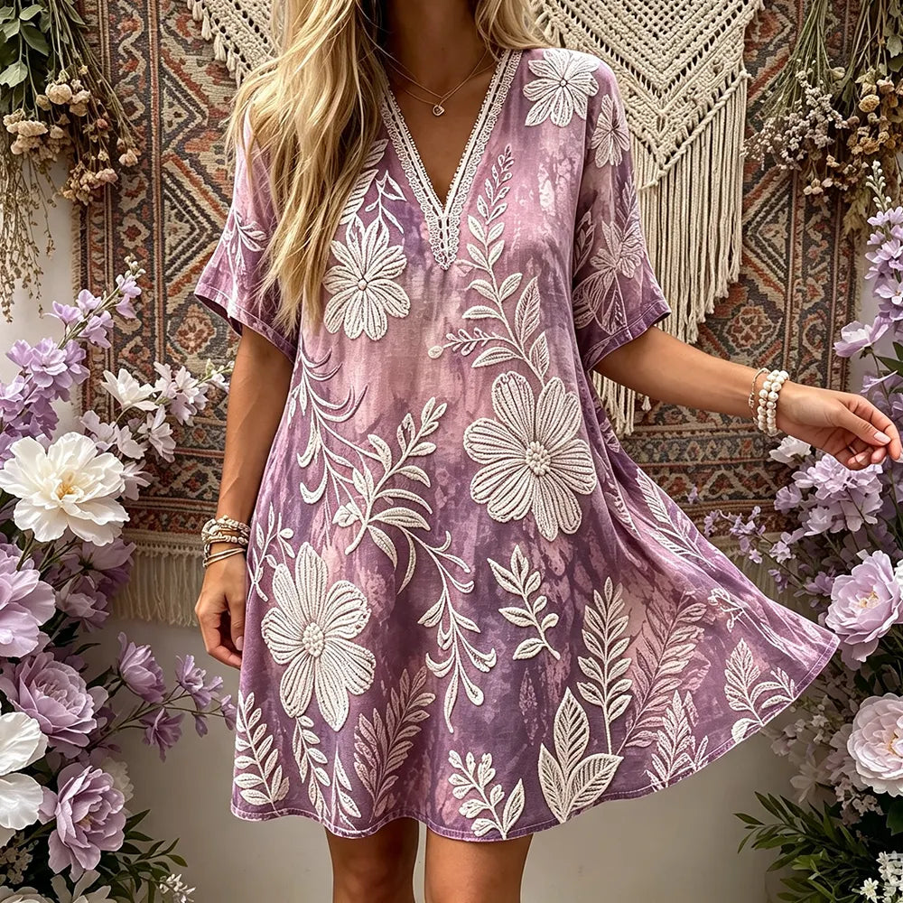 Women's Purple And Pink V-neck Short Sleeve Casual Dress With Large Floral Embroidery