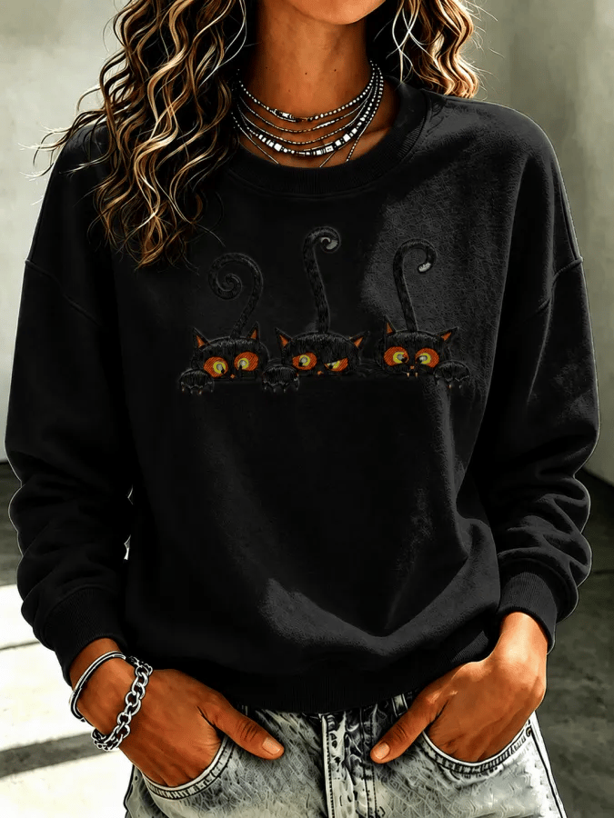 Women's Halloween Cat Print Sweatshirt