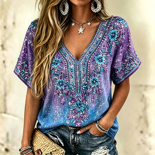 Women's Retro Bohemian Floral Sequin Print Top
