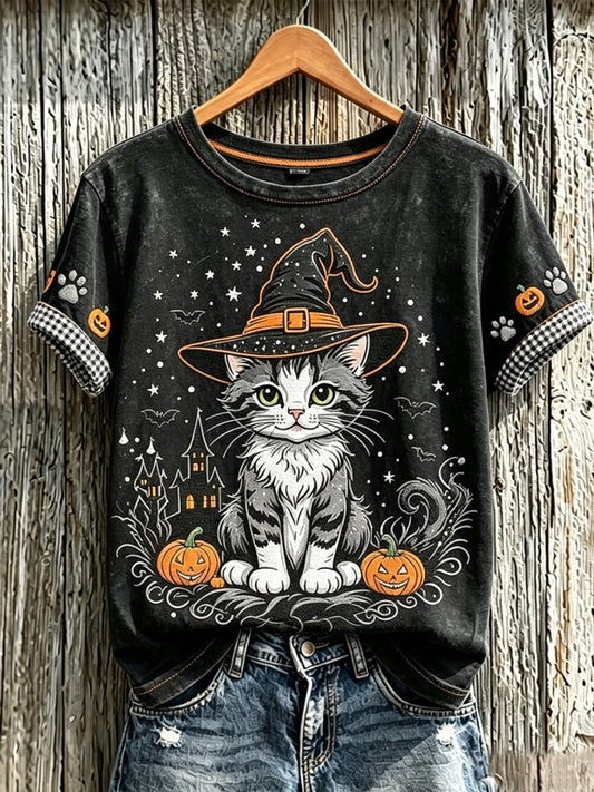 Women's Casual Crew-Neck Top with Cute Cat Print
