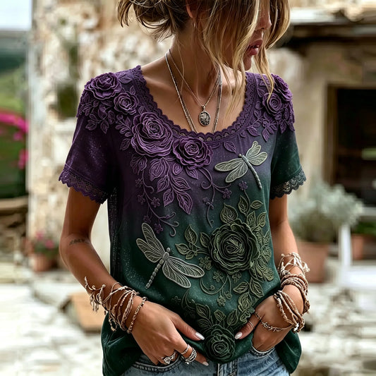 Women's Retro Purple Rose And Dragonfly Embroidery Pattern Casual Round Neck T-shirt