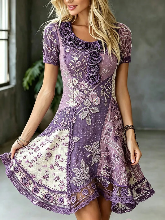 Women's Retro Purple Floral Embroidery Patchwork Art Round Neck Dress