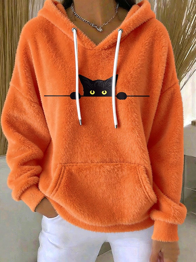 Women's Cute Cat Print Plush Hooded Sweatshirt