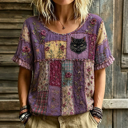Women's Bohemian Floral And Black Cat Art Pattern Casual T-shirt