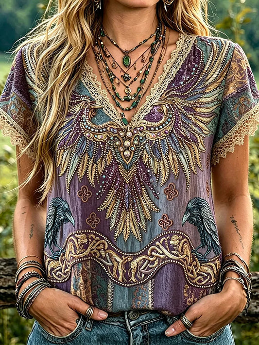Women’s Western Boho Crow Wing Rhinestone Embroidered V Neck Blouse, Celtic Knot Lace Trim Patchwork Short Sleeve Tunic Top