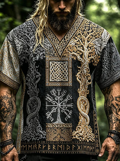 Men's Black White Gold Norse Viking Yggdrasil Tree Of Life 3d Embroidery T-shirt, Celtic Knot Serpent Raven Wing Rune Patchwork Short Sleeve V Neck Top
