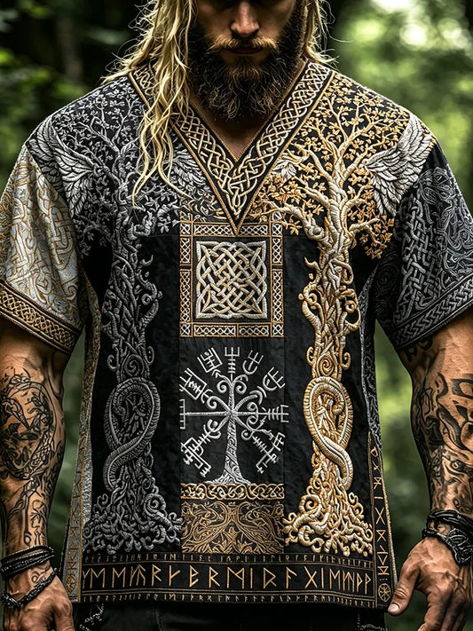Men's Black White Gold Norse Viking Yggdrasil Tree Of Life 3d Embroidery T-shirt, Celtic Knot Serpent Raven Wing Rune Patchwork Short Sleeve V Neck Top