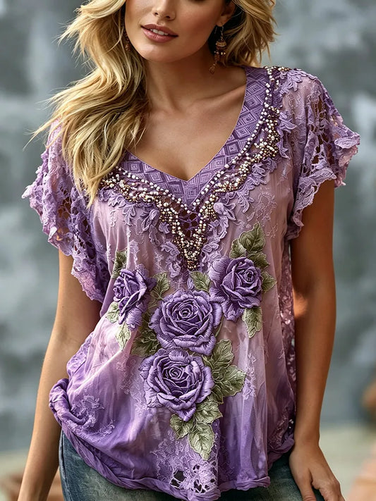 Women's Vintage Purple Rose Embroidery Art V-neck Short Sleeve T-shirt