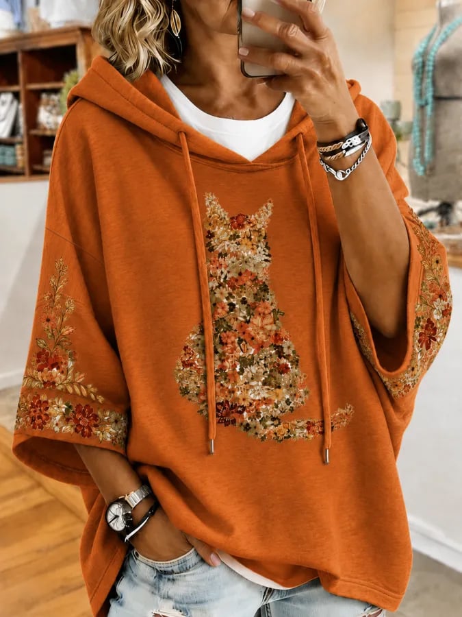 Women's Autumn Fun Cat Pattern Print Hoodie