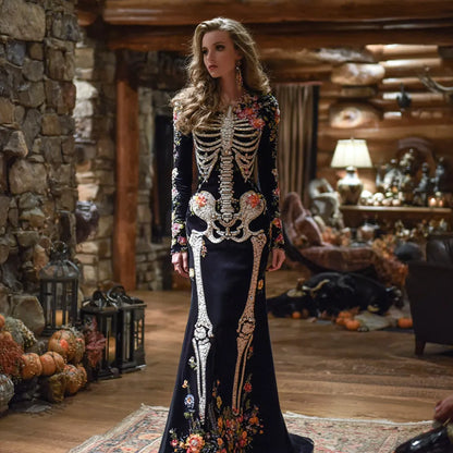 Vintage Mexican Day Of The Dead Skeleton Bones Embroidery Flowers Cozy Velvet Maxi Dress