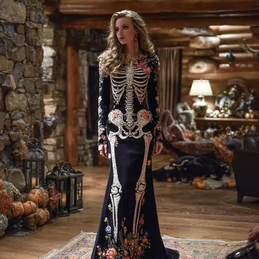 Vintage Mexican Day Of The Dead Skeleton Bones Embroidery Flowers Cozy Velvet Maxi Dress