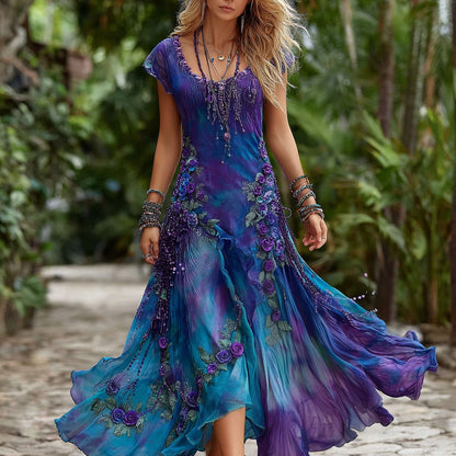 Women's Vintage Floral Embroidery Gradient Pattern Round Neck Dress