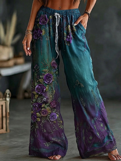 Women's Retro Purple Rose Gradient Pattern Casual Linen Pants
