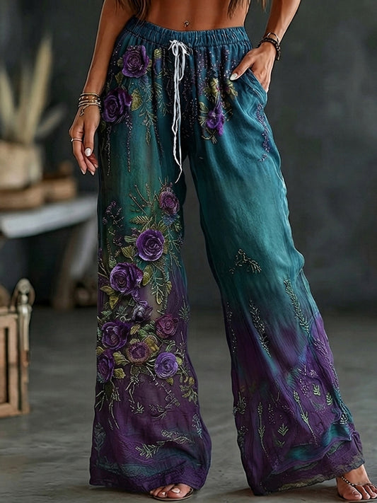 Women's Retro Purple Rose Gradient Pattern Casual Linen Pants