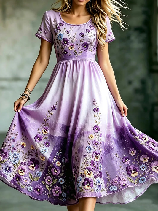 Women's Retro Pansy Art Pattern Casual Dress