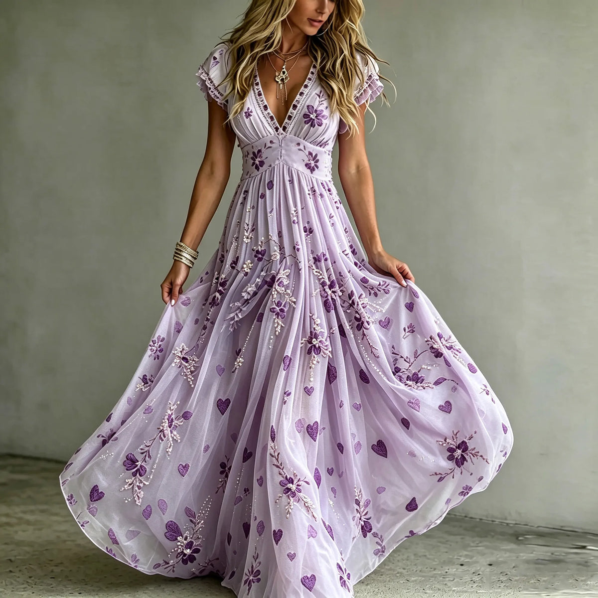 Women's Boho Lavender Purple Floral Heart 3d Embroidery Beaded Flowy V Neck Short Sleeve Dress