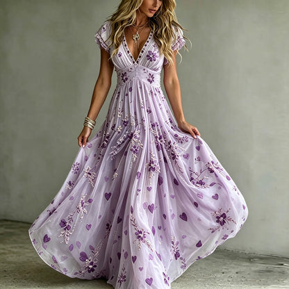 Women's Boho Lavender Purple Floral Heart 3d Embroidery Beaded Flowy V Neck Short Sleeve Dress