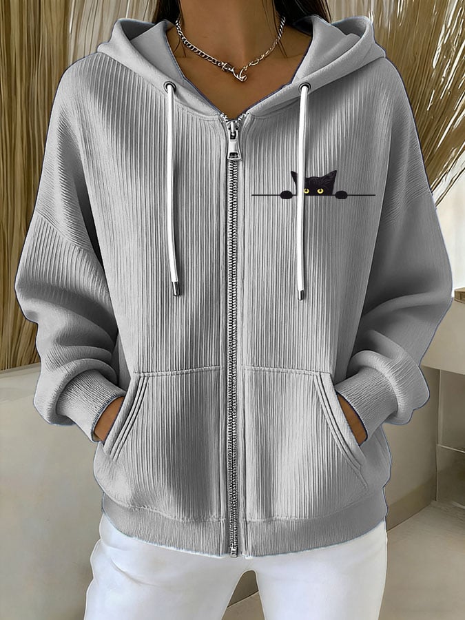 Women's Casual Cat Print Textured Sweatshirt Jacket