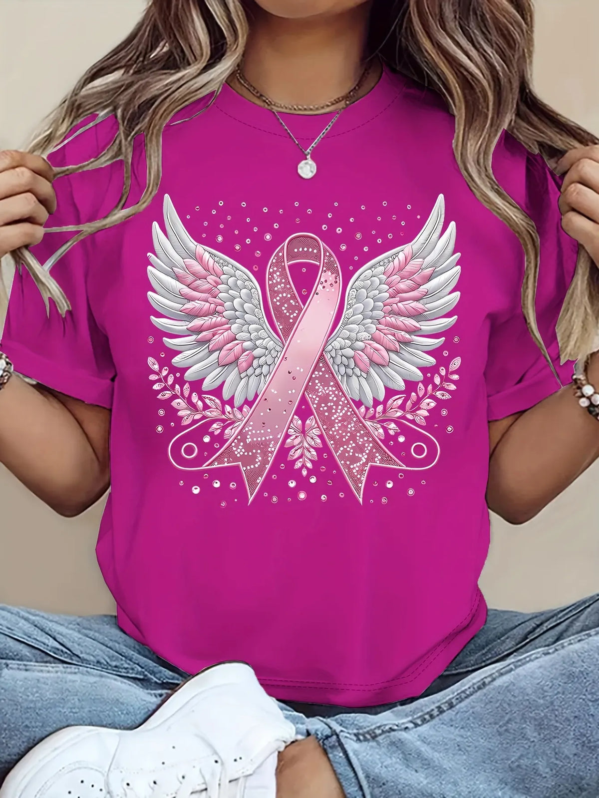 Women'S Breast Cancer Awareness Heart Ribbon Round Neck 100% Cotton T-Shirt