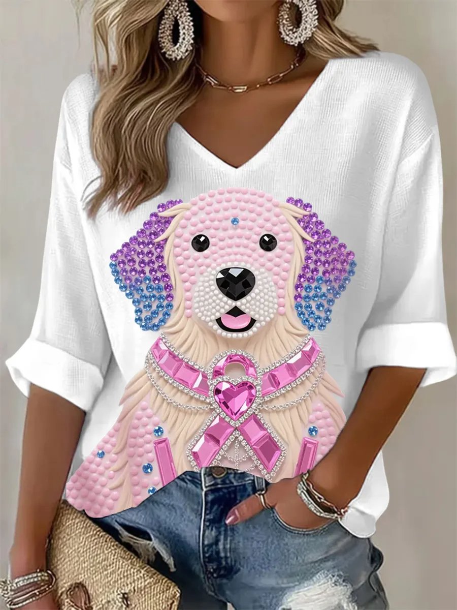 Women's Retro Pink Ribbon Animals Print T-Shirt