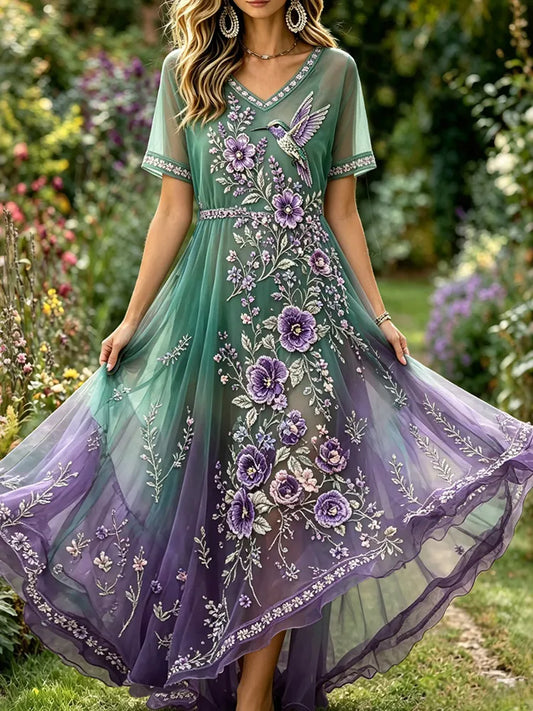 Women's Vintage Purple Floral And Hummingbird Art Embroidered Linen Casual V Neck Maxi Dress