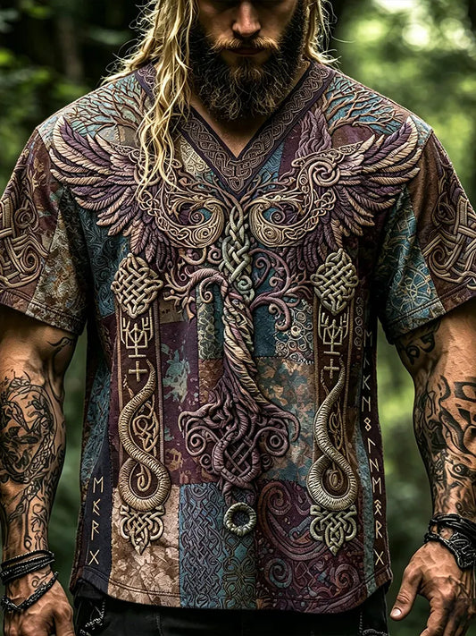 Men's Viking Yggdrasil Tree Of Life 3d Embroidery V Neck T Shirt, Norse Celtic Dragon Eagle Knot Print Vintage Patchwork Short Sleeve Tee