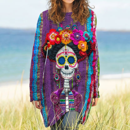 Vintage Mexican Sugar Skeleton Catrina Day Of The Dead Inspired Pattern Long-Sleeve Wool Midi Dress