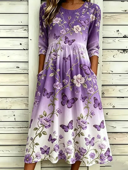 Women's Vintage Floral And Butterfly Print Linen Blend Midi Dress