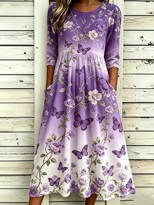 Women's Vintage Floral And Butterfly Print Linen Blend Midi Dress