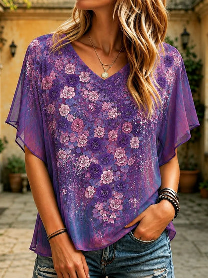 Women's Vintage Bohemian Rose Floral Embroidery Sequin Print Top