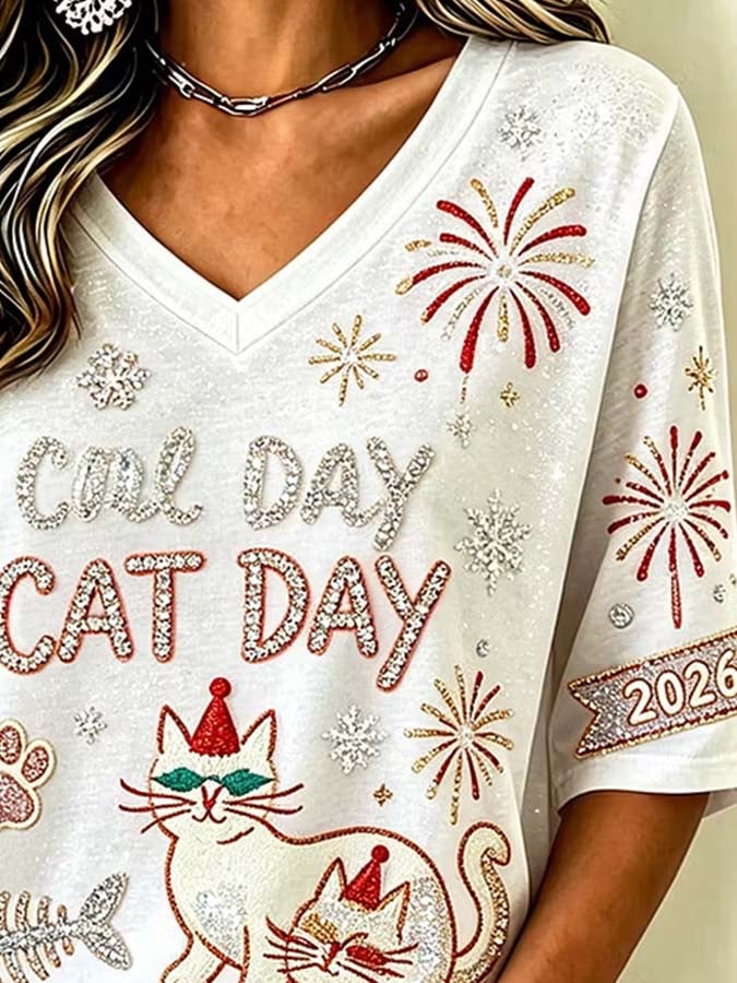 Women'S Casual Cat-Print Top