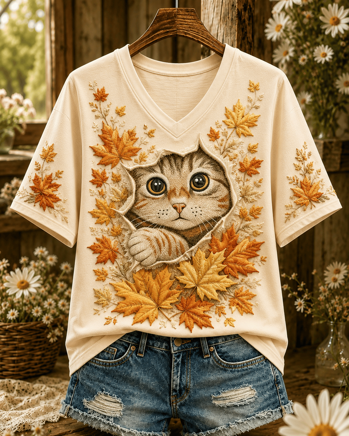 Women's early autumn maple leaf and kitten print V-neck top