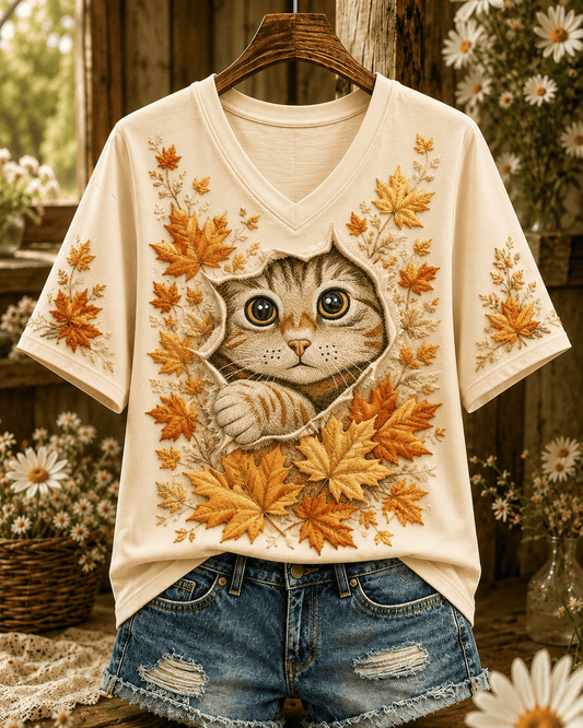 Women's early autumn maple leaf and kitten print V-neck top