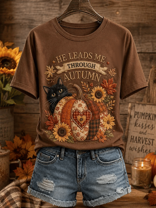 Autumn Animal Cat Pattern Comfortable T-Shirt