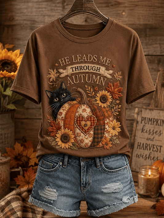 Autumn Animal Cat Pattern Comfortable T-Shirt