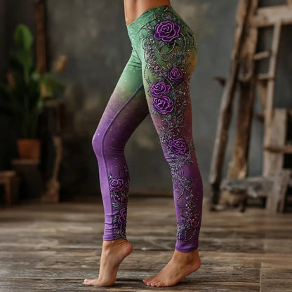Women's Vintage Rose Floral Gradient Pattern Casual Leggings