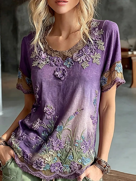 Women's Retro Floral Art Embroidery Cotton Linen Casual Round Neck T-shirt