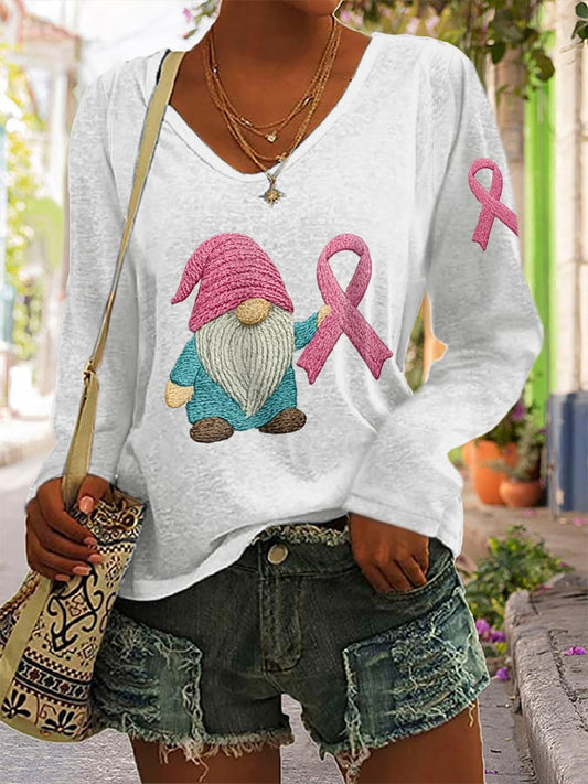 Women's Breast Cancer Awareness Print Long Sleeve V-Neck T-Shirt