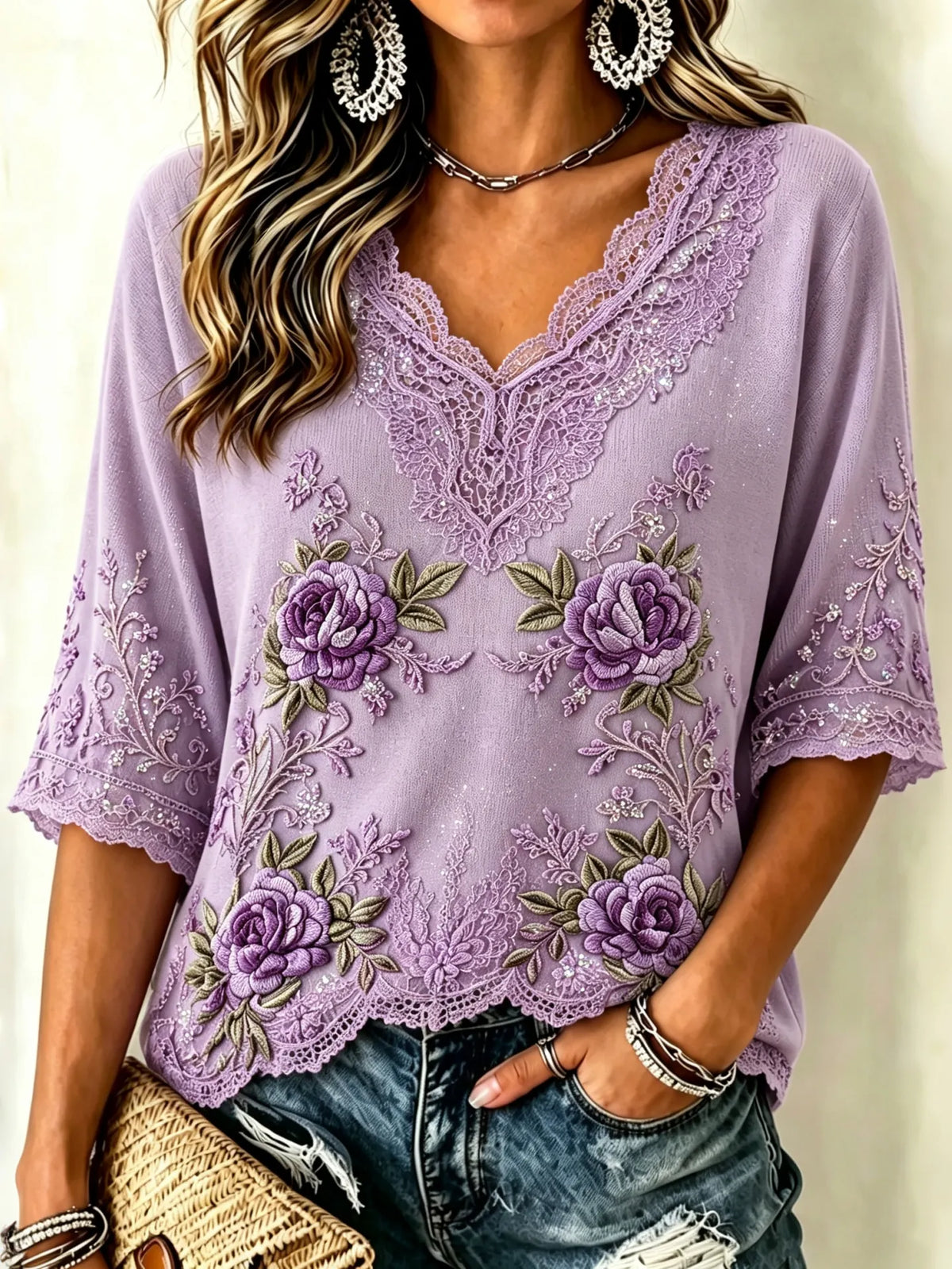 Women's Retro Purple Floral Art V-neck Short-sleeved T-shirt