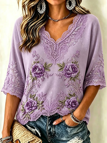Women's Retro Purple Floral Art V-neck Short-sleeved T-shirt